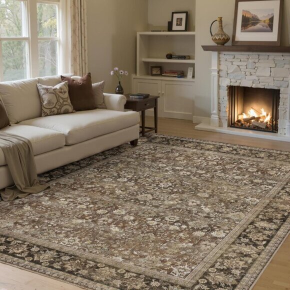 New 5x7 Brown Washable Rug Floral Low Pile Non-Slip Carpet for Home & Hallway